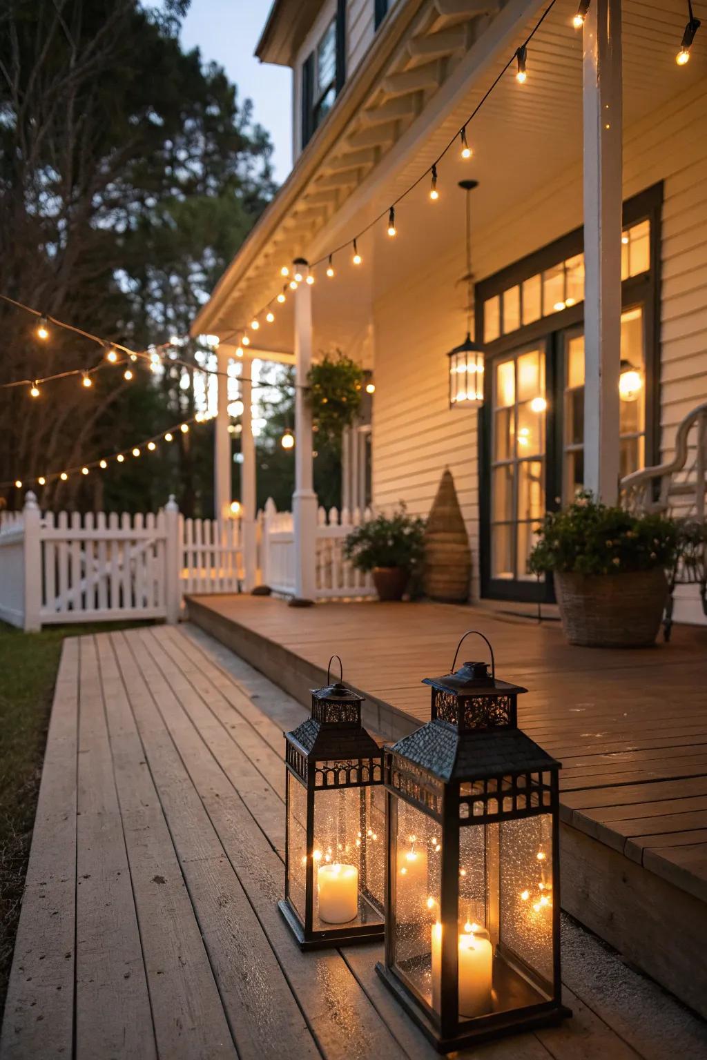 Charming lighting fixtures transforming the ambiance of a large front porch.