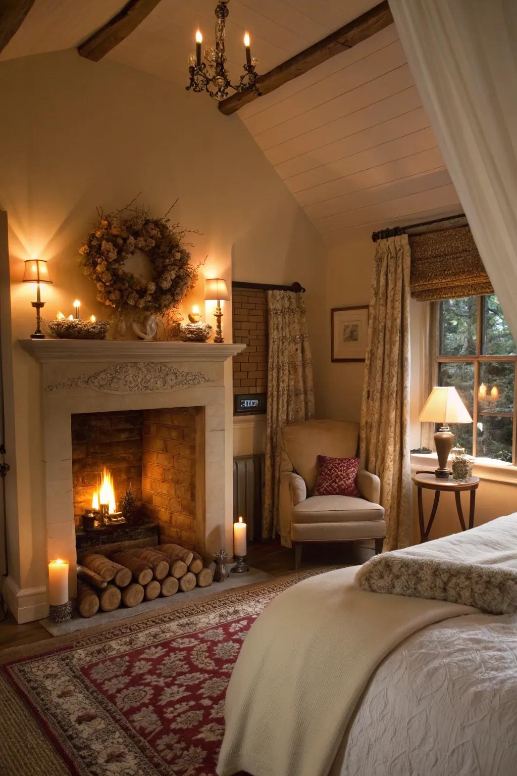 A fireplace becomes the heart of a romantic bedroom.