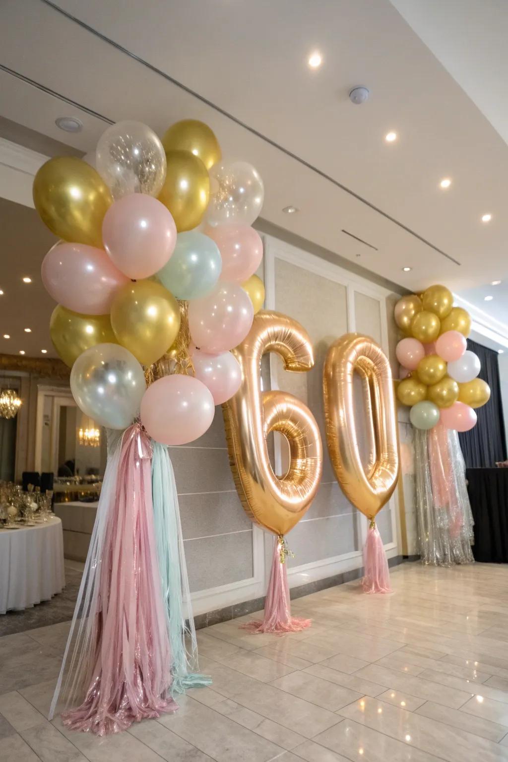 Gold and pastel balloons elegantly marking the big 6-0.
