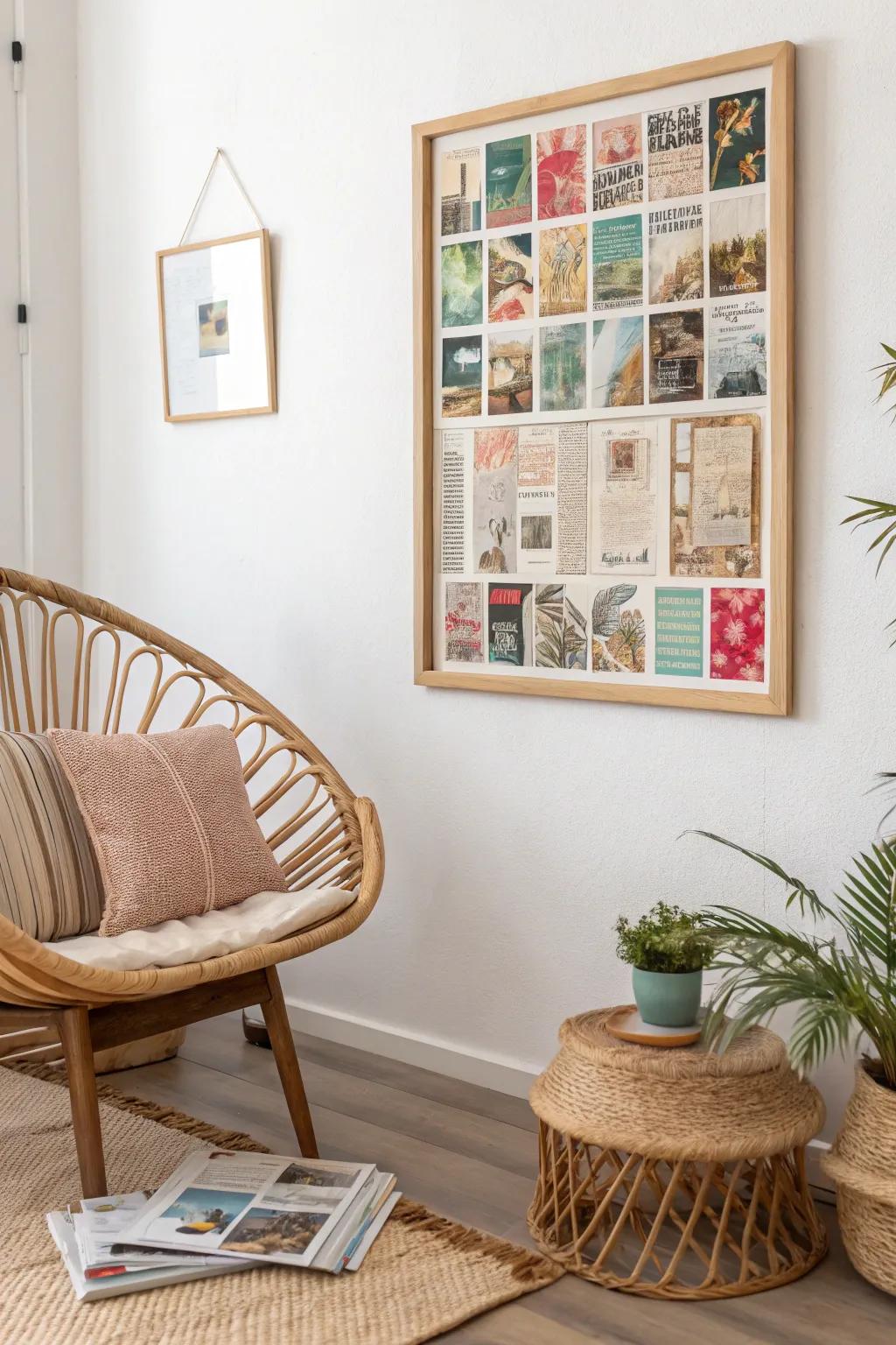 Transform your space with eco-chic: Upcycled magazine collage art that tells a story of creativity and sustainability.