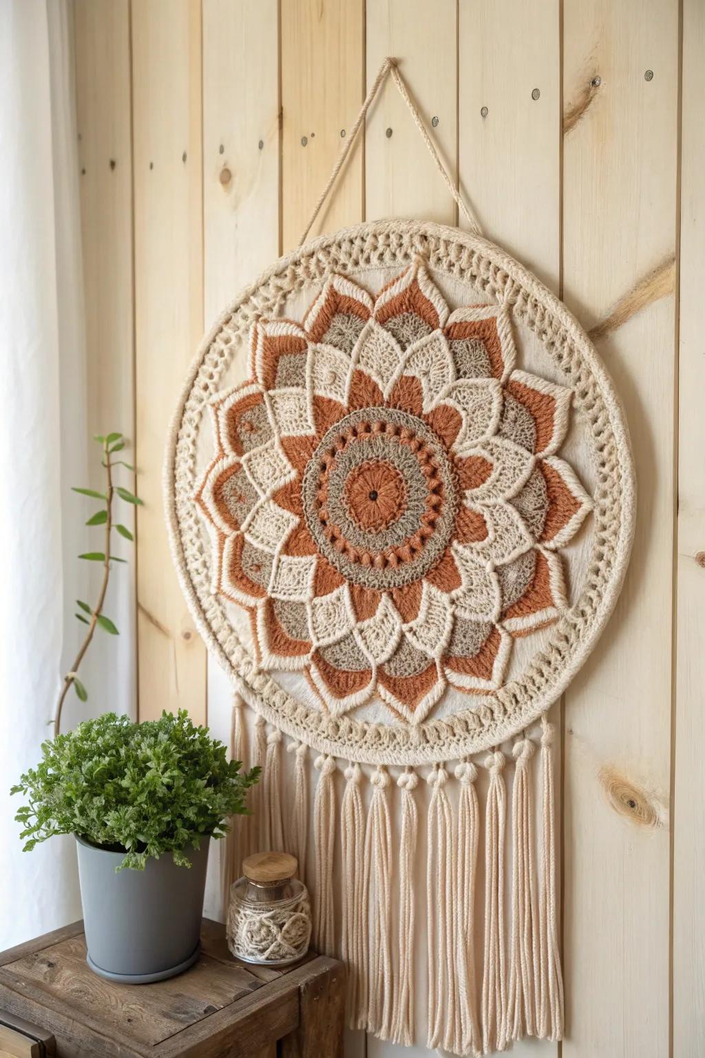 Elevate your space with the serene beauty of intricate crochet mandalas.