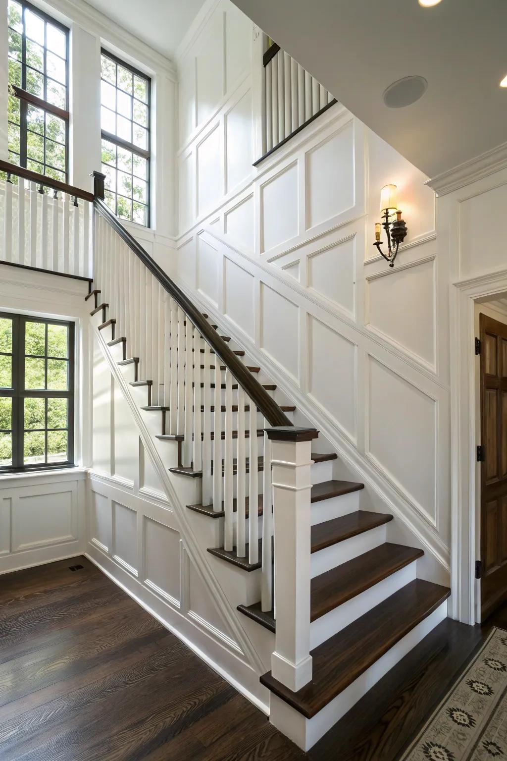 Dark handrails provide a sophisticated contrast to white wainscoting.