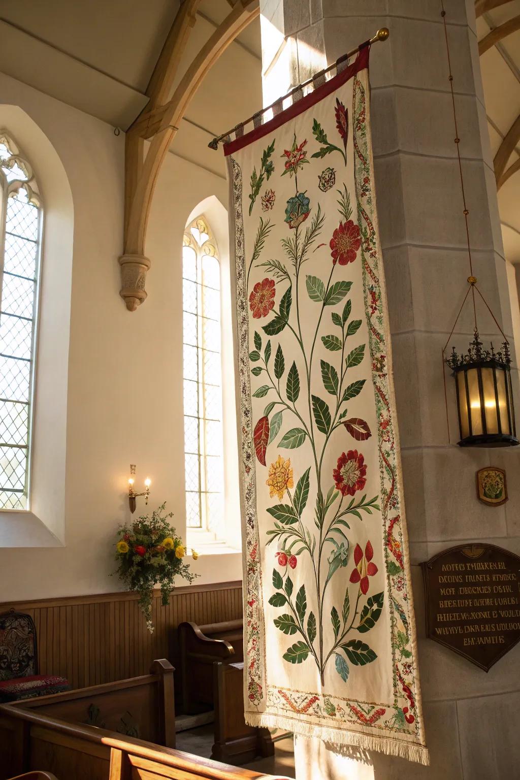 Nature-inspired banners bring a touch of tranquility to church interiors.