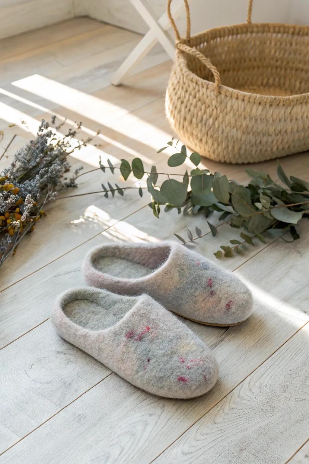 Step into cozy elegance with these handcrafted felted wool slippers, perfect for a serene morning.