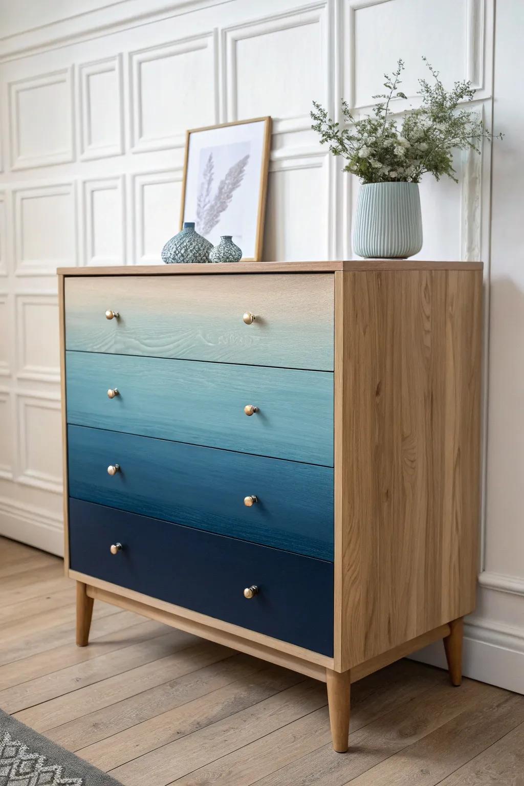 Transform your space with a stunning ombre chest of drawers that blends elegance and simplicity.