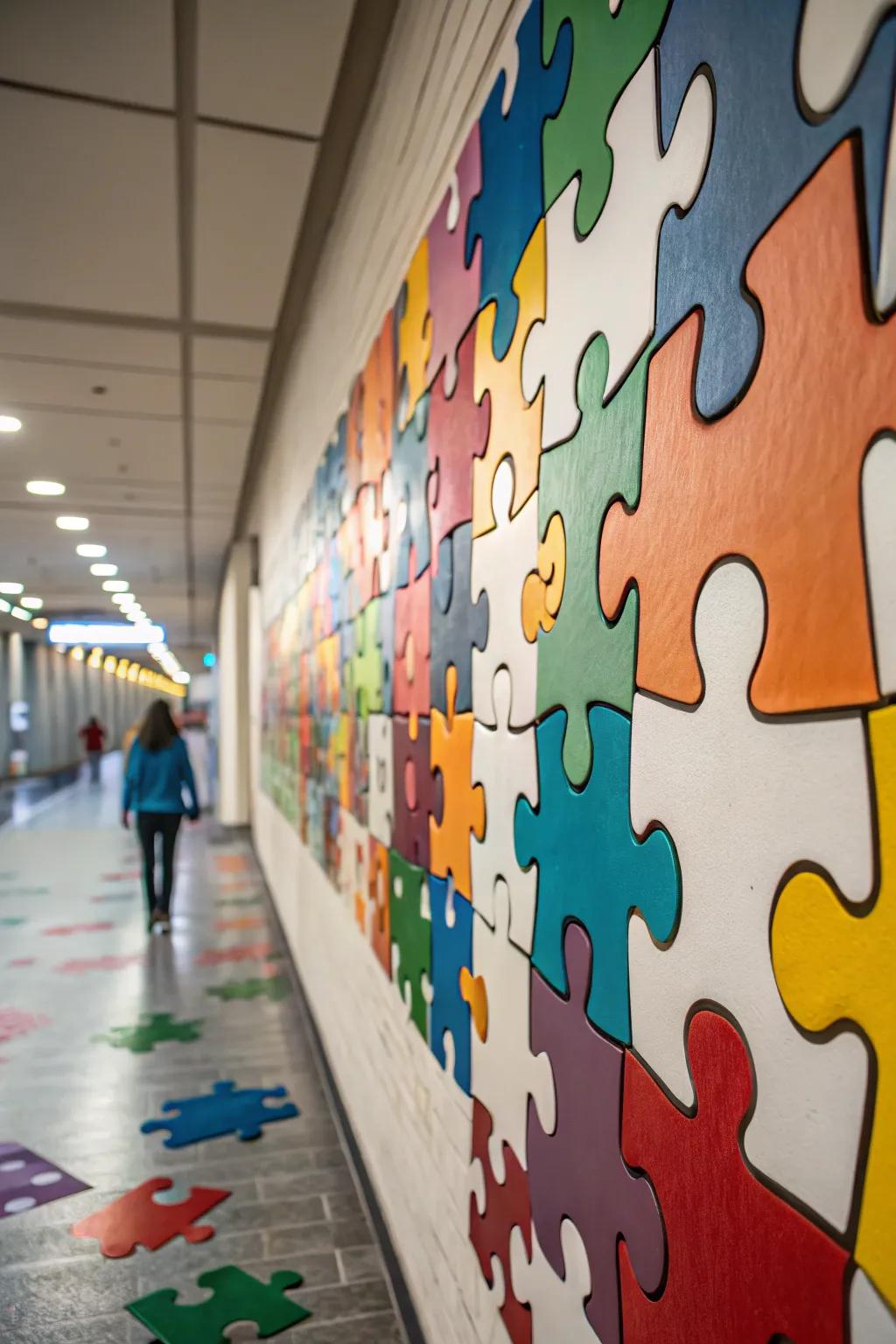 Puzzle piece wall art adds a visually striking element to your party decor.