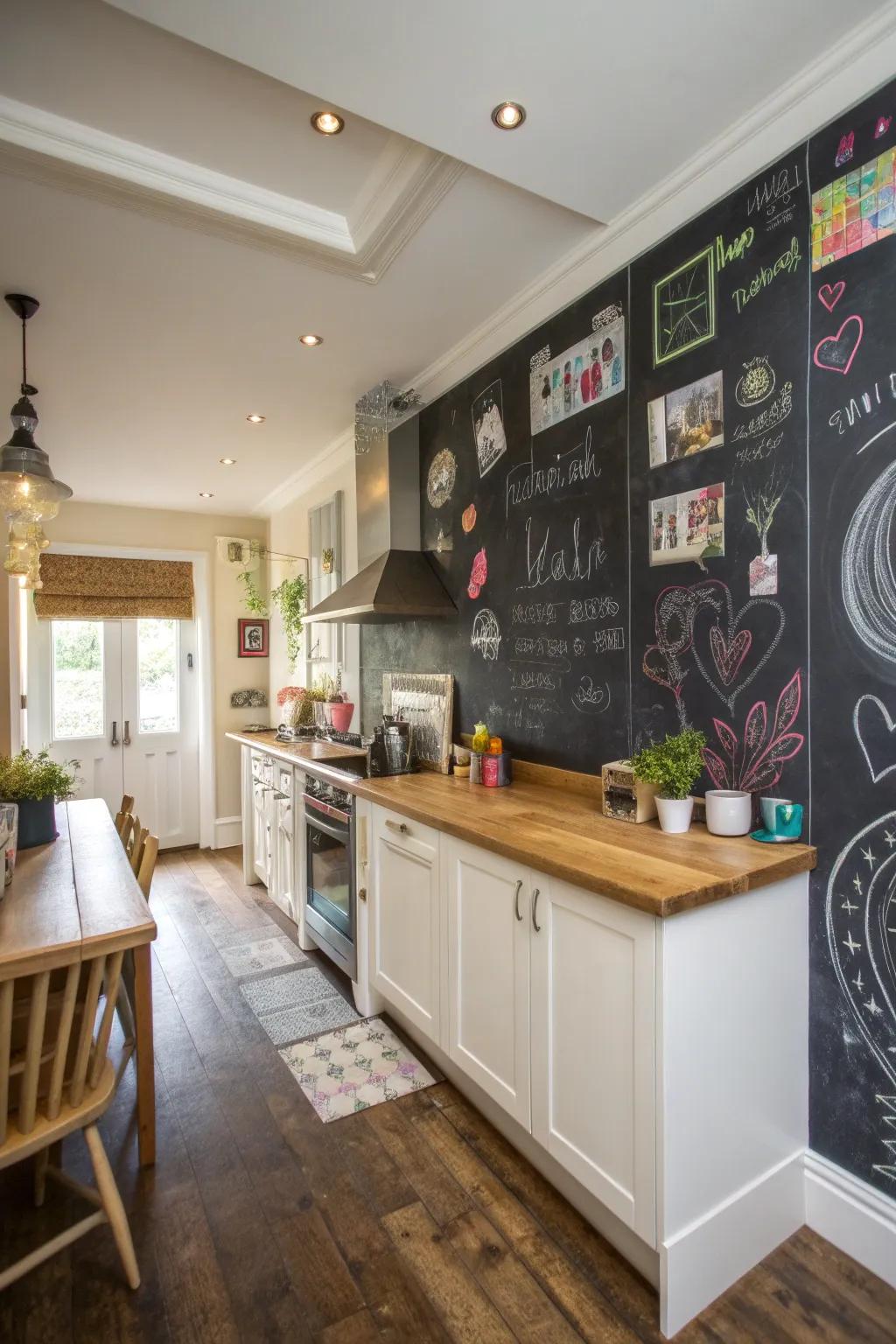 Kitchen chalk wall for creativity and communication.