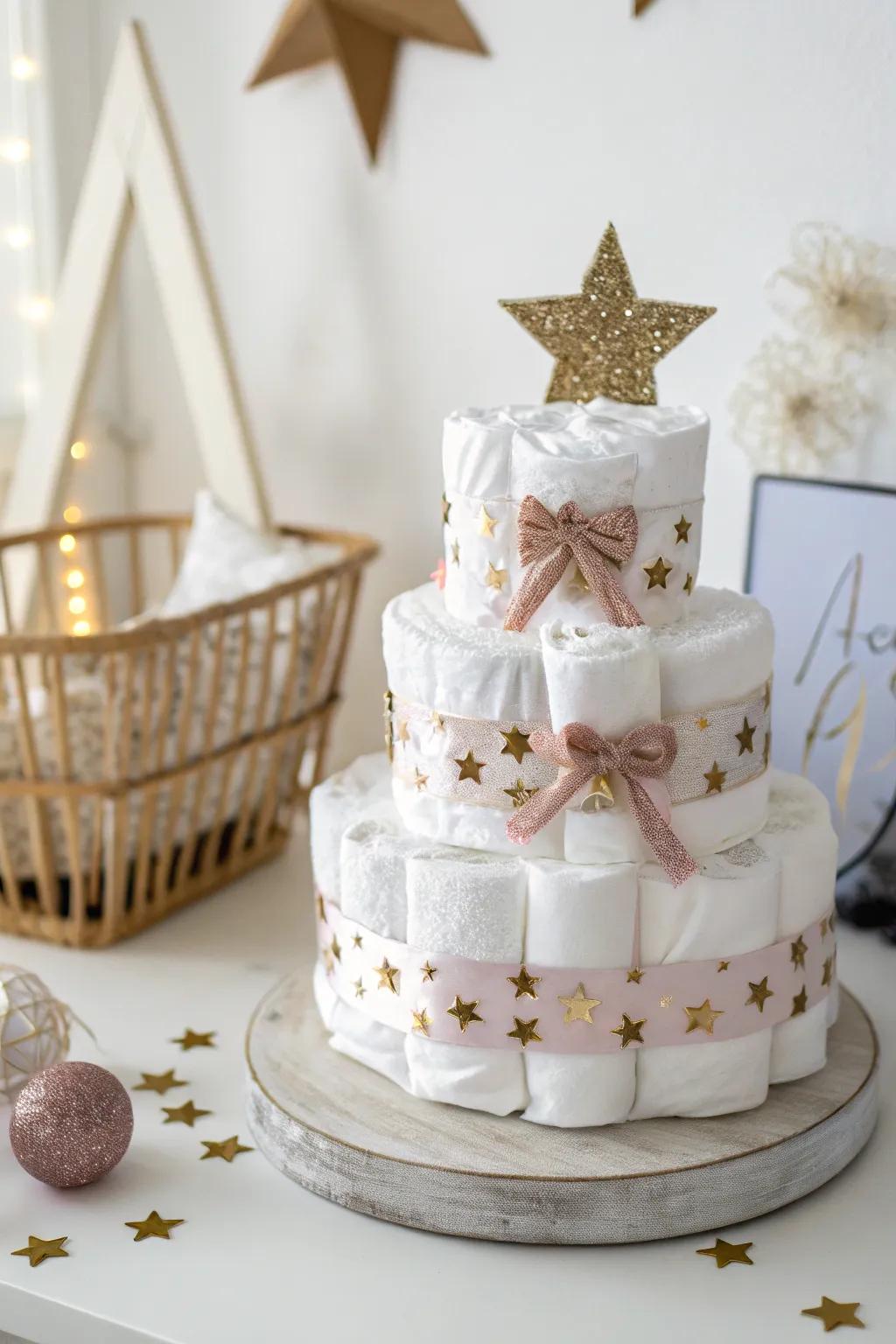 Discover the magic of a glittering starry night with this enchanting princess diaper cake.