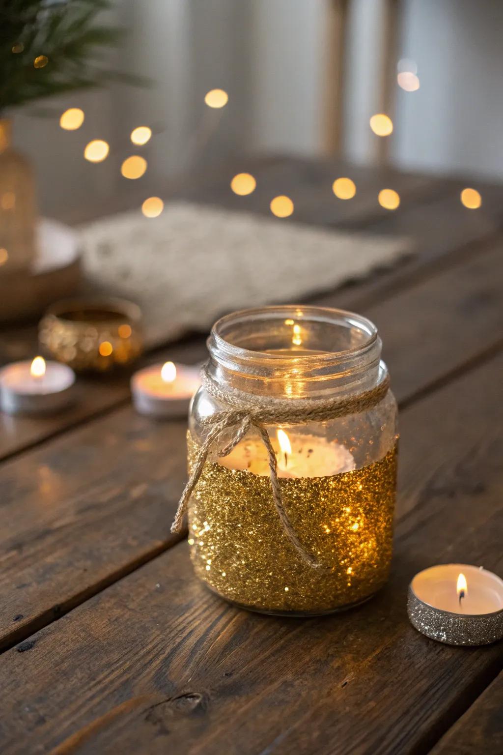 Transform old jars into enchanting glitter tea light holders for a cozy, sparkling retreat.