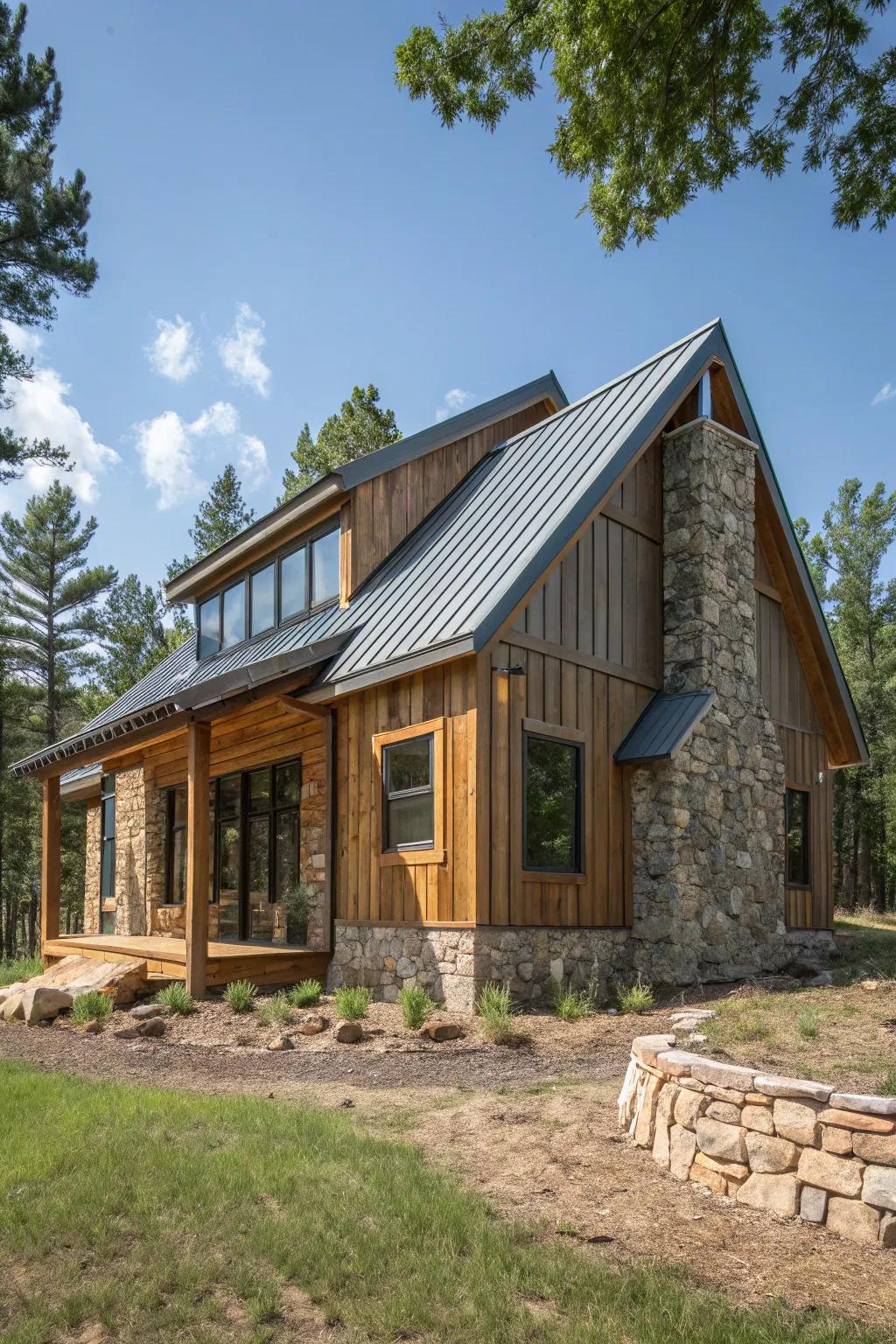 Mixed materials creating a dynamic cabin exterior