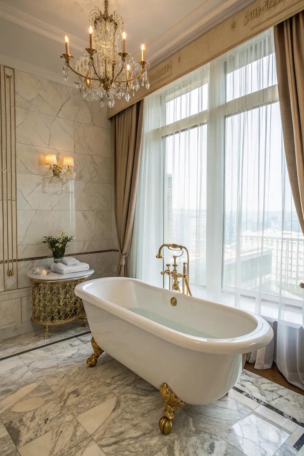 Elegant fixtures elevate the bath's elegance.