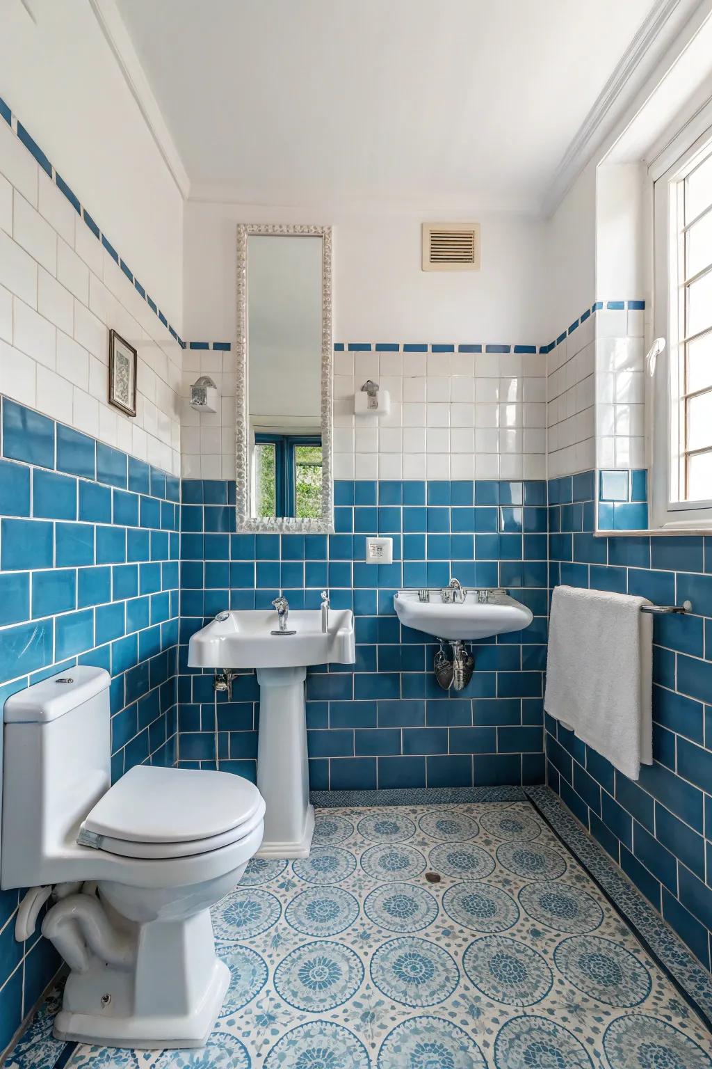A stunning bathroom with bold blue tiles, complemented by sleek white fixtures.