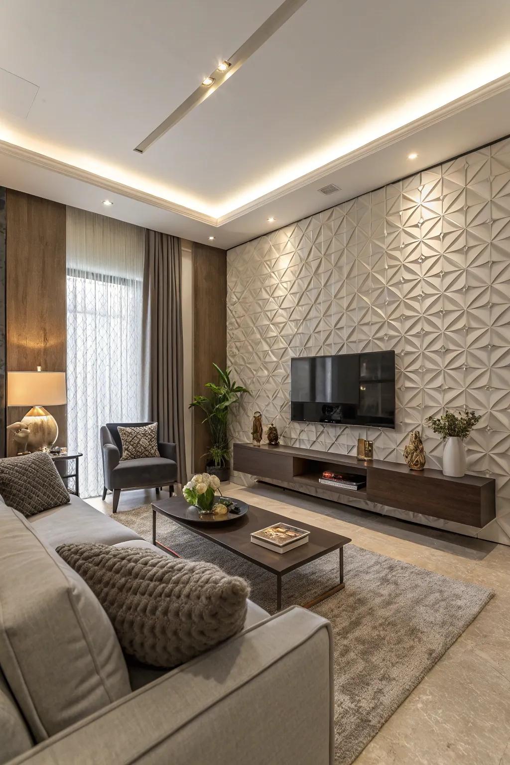A mix of textured panels adds depth and interest to this modern living room.