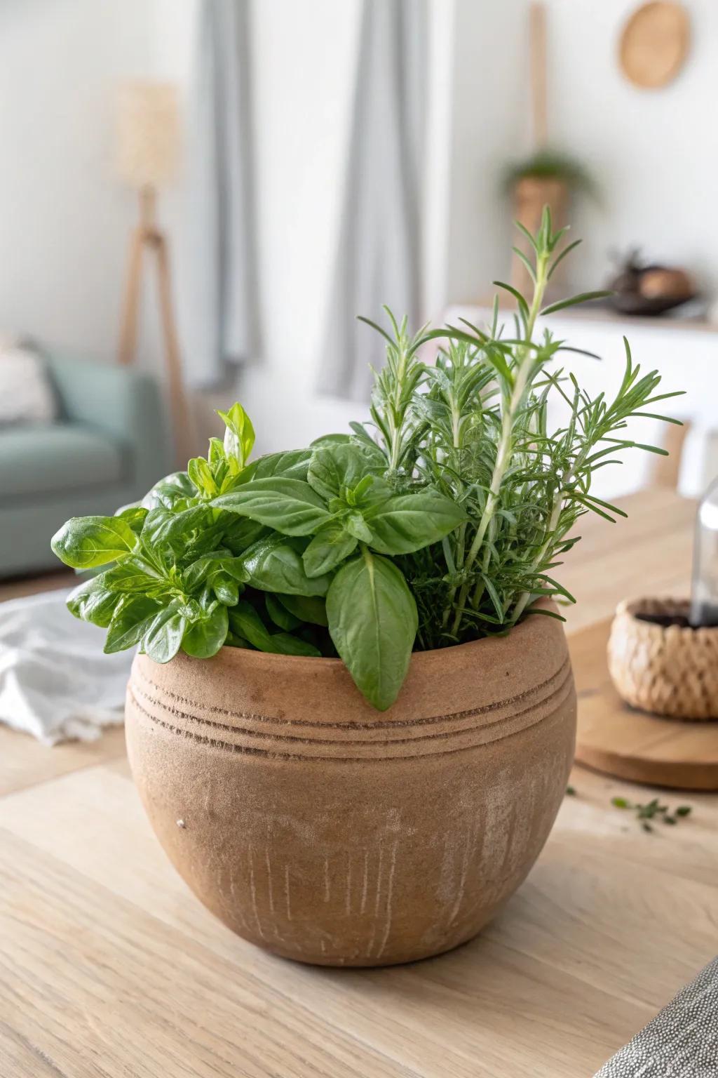 Savor the simplicity and freshness of a homegrown herb garden in a charming clay pot.