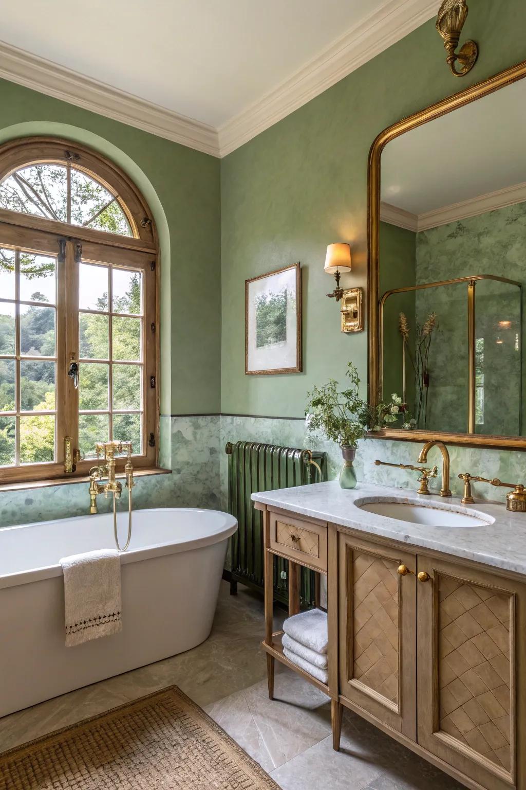 Brass fixtures add warmth and elegance to sage green bathrooms.