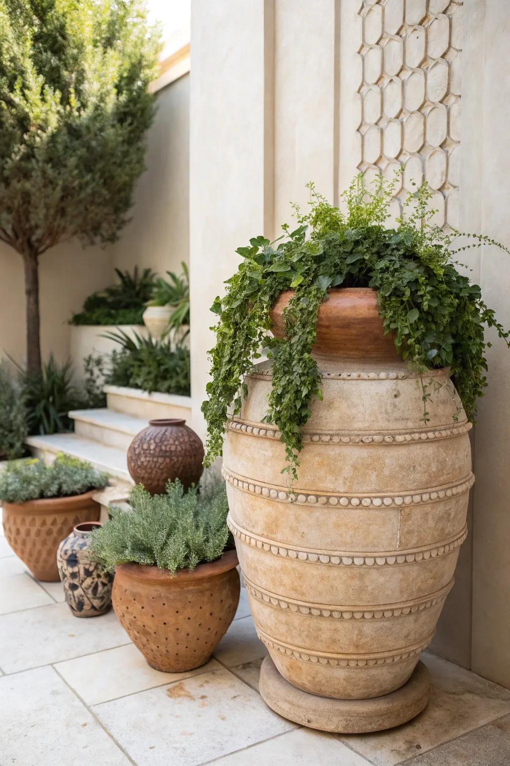 Elevate your garden with tiered clay pot arrangements that blend simplicity and natural beauty seamlessly.