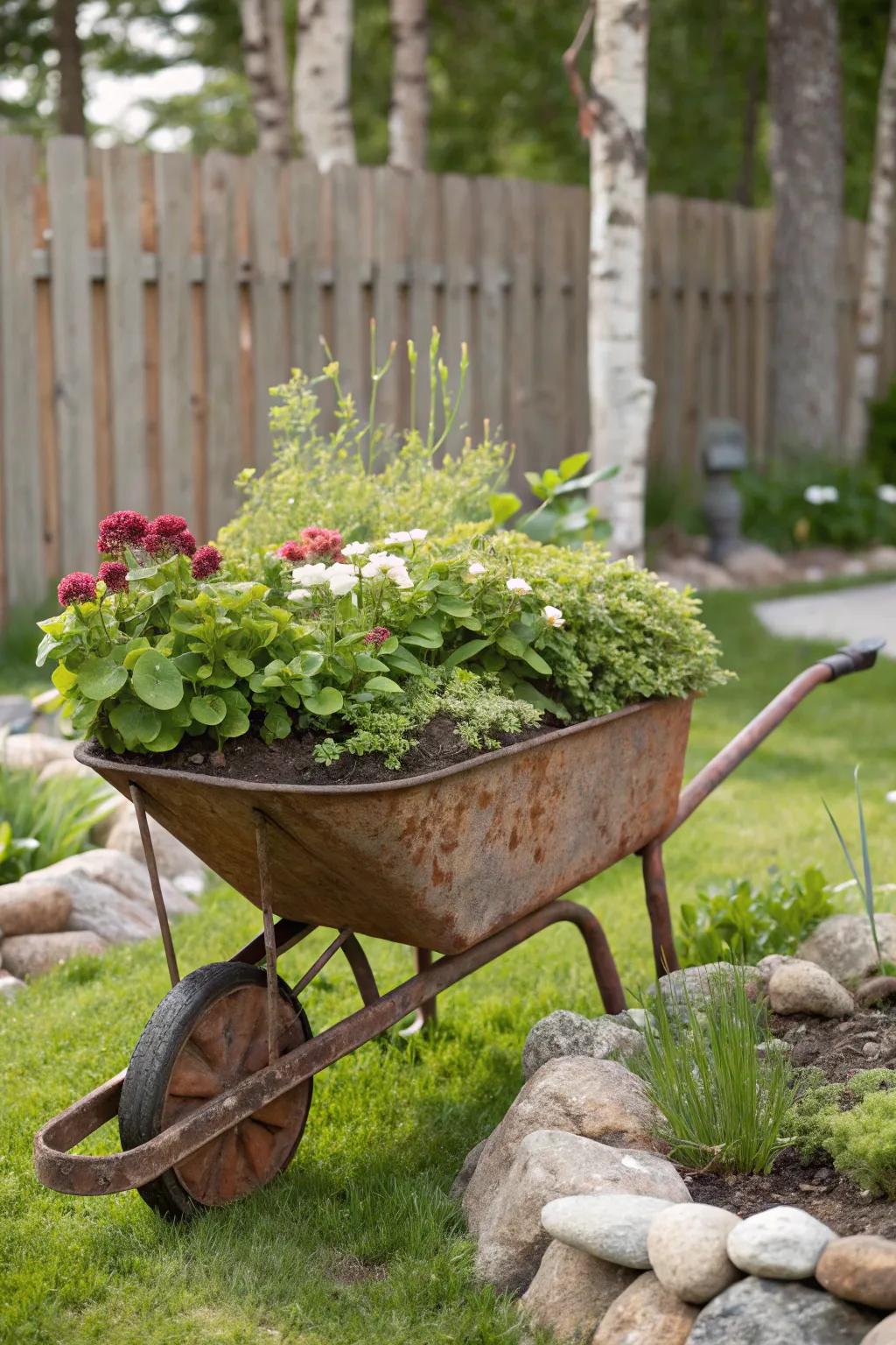 Revamp your garden with a touch of whimsy: a wheelbarrow turned into a charming raised bed.