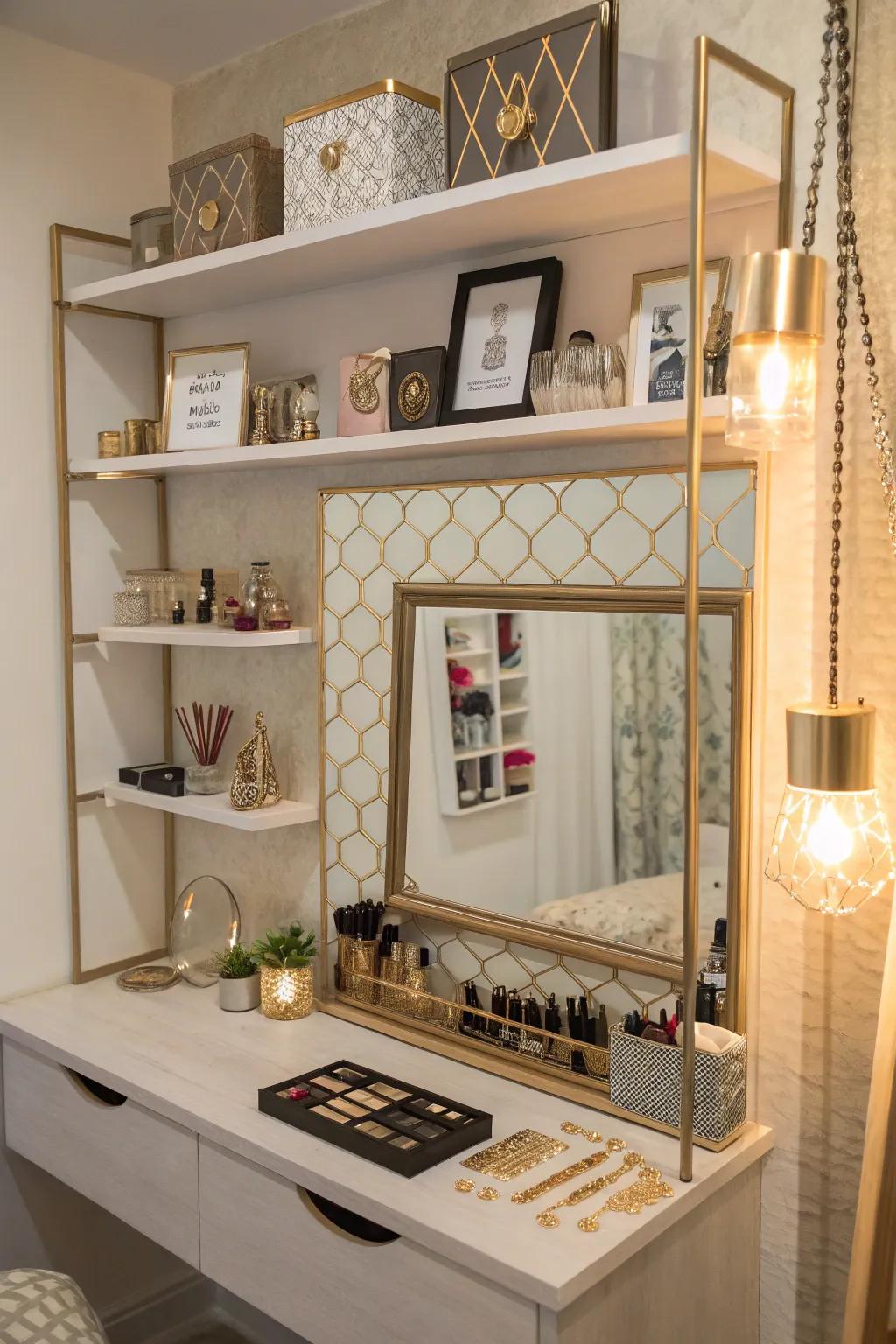 Decorative shelving adds both storage and personal flair.