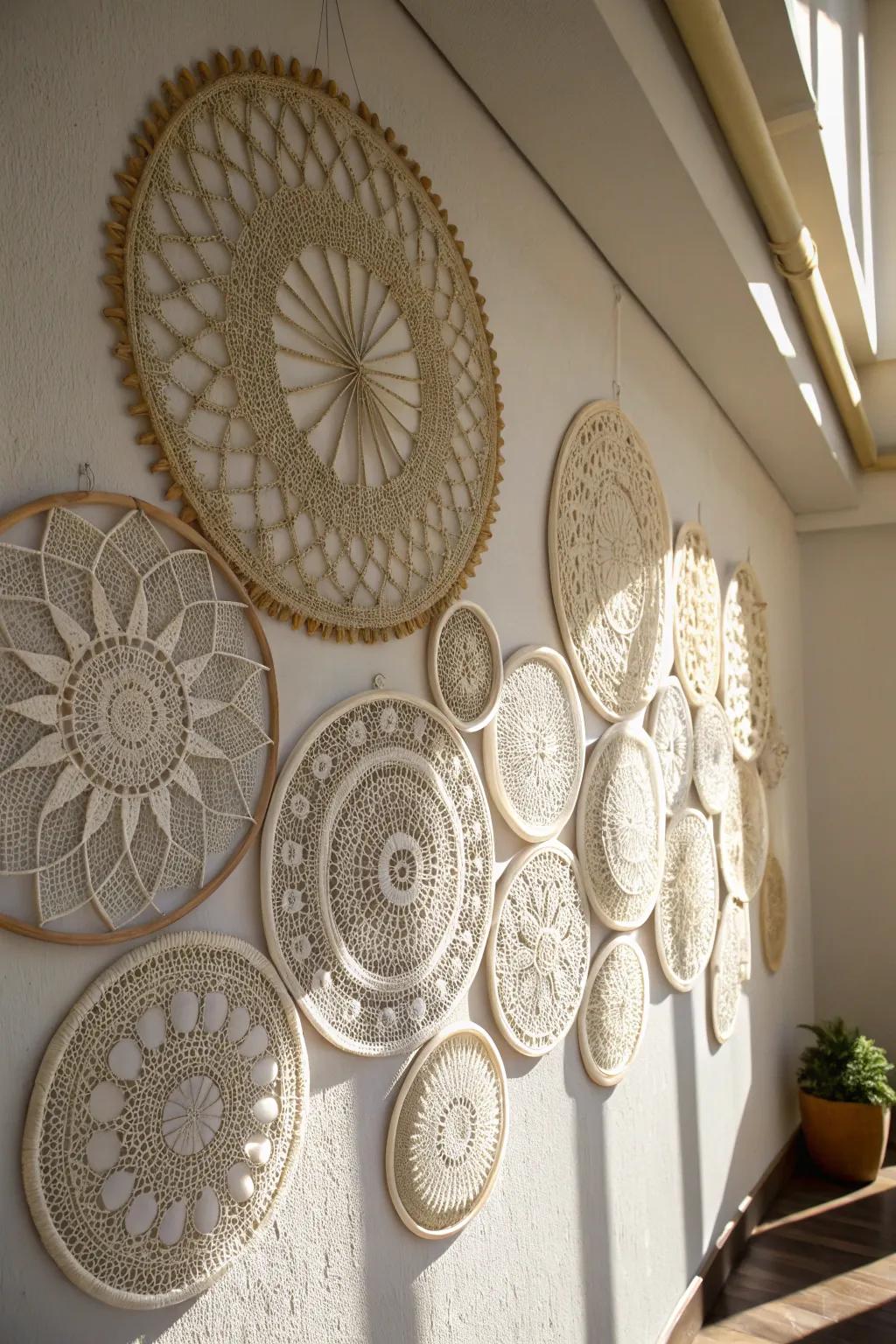 Embrace simplicity and elegance with layered doily shadows that dance across your walls.