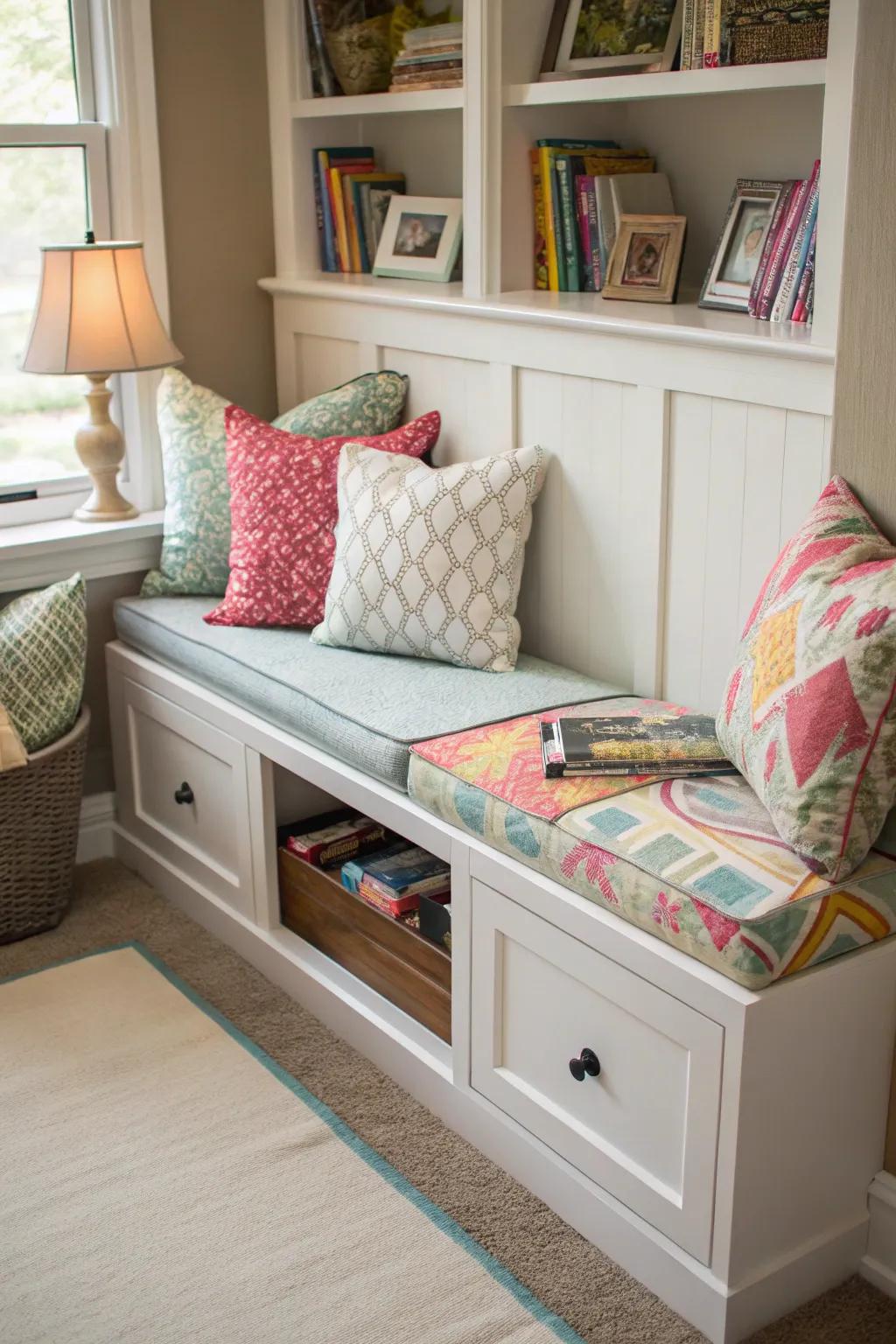 Hidden storage solutions keep a small nook organized and clutter-free.