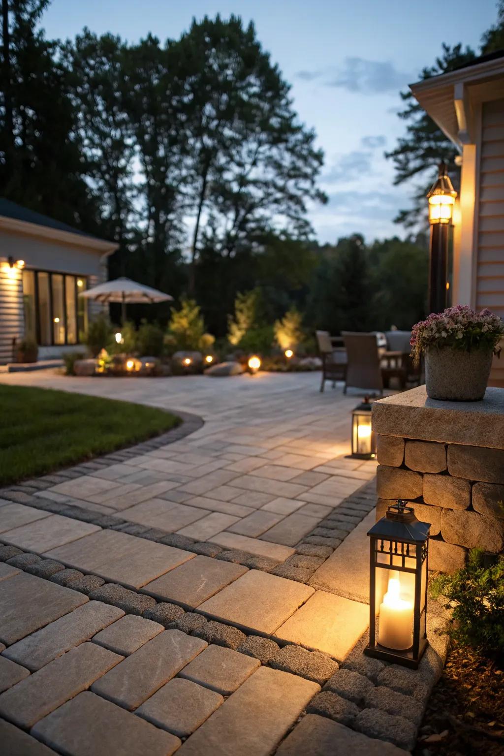 Outdoor lighting on a paver patio, creating a magical nighttime ambiance.