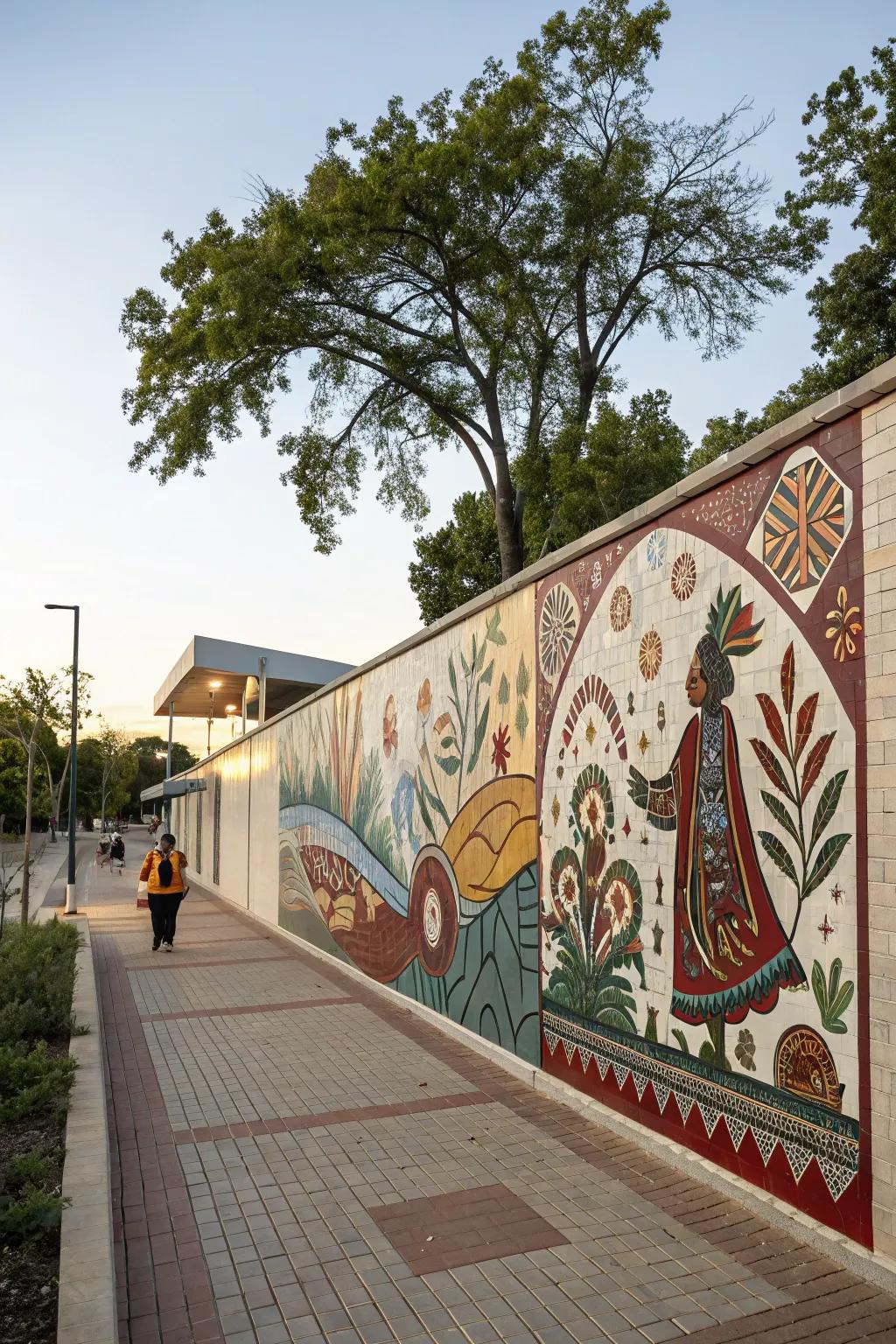 Cultural murals celebrate global artistry.