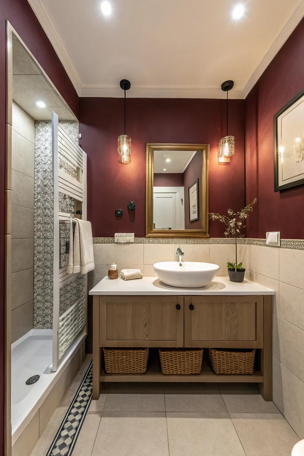 A maroon accent wall adds depth without overwhelming the bathroom.
