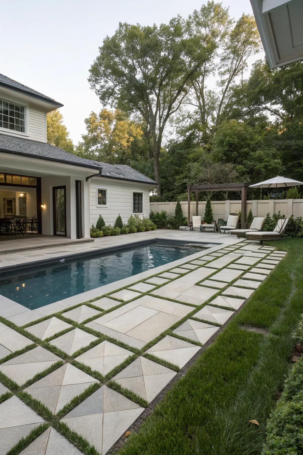 Geometric patterns add a playful sophistication to this pool surround.