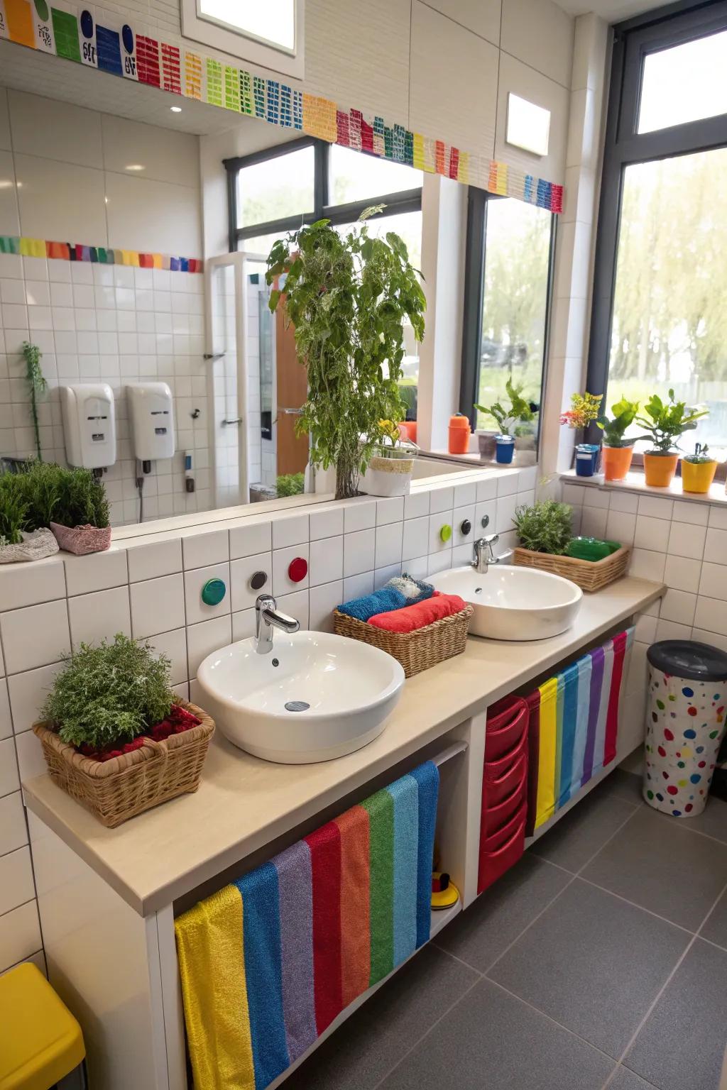 Dual sinks make shared bathroom use easy and efficient.