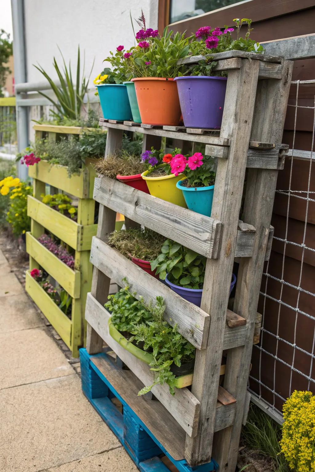 Industrial pallets create a modern garden shelf, filled with vibrant pots, providing a striking visual contrast.