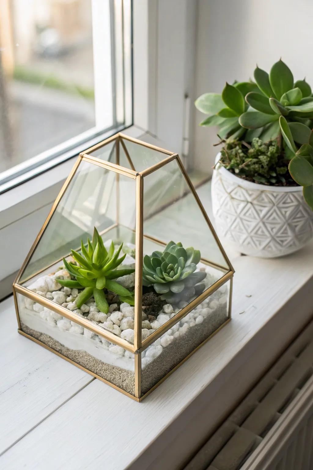 Elevate your indoor space with a touch of modern elegance: a glass terrarium planter, perfect for your favorite succulents.