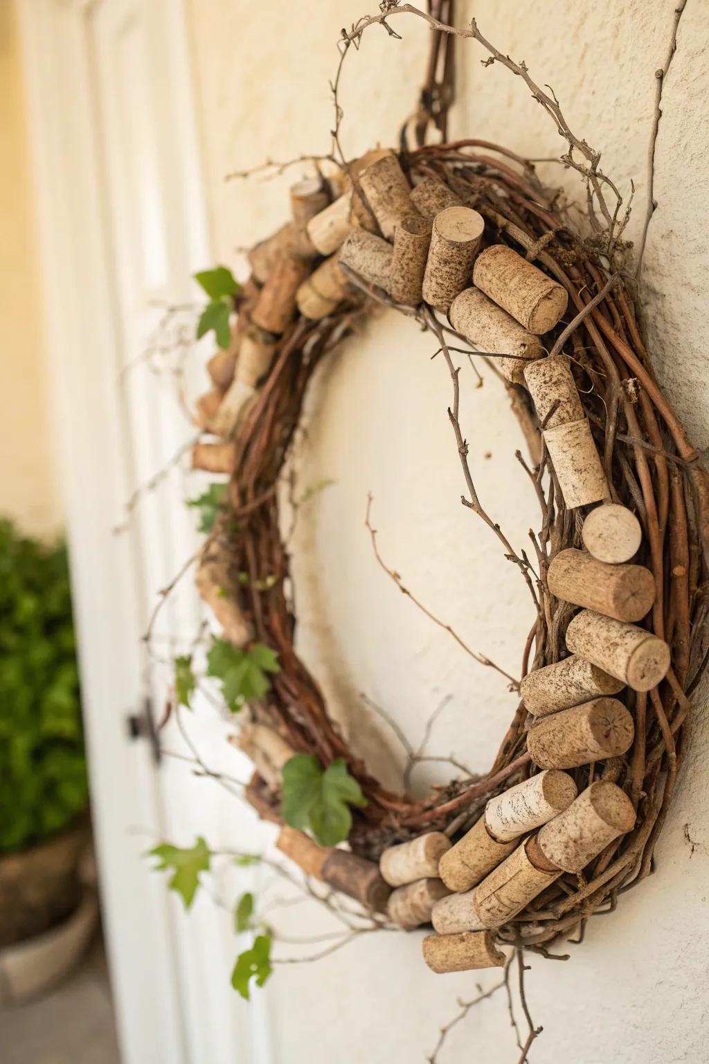 Elegance in simplicity: A wine cork and vine wreath that whispers of bohemian charm.