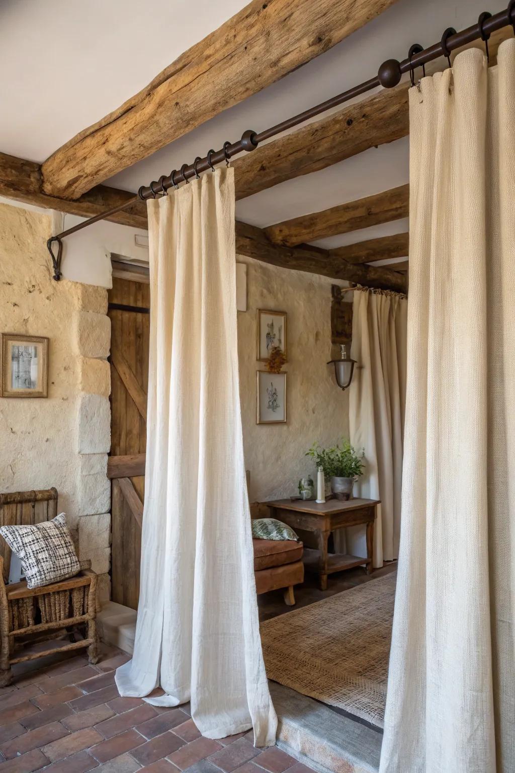 Rustic wood rods bring warmth and character to curtain displays.