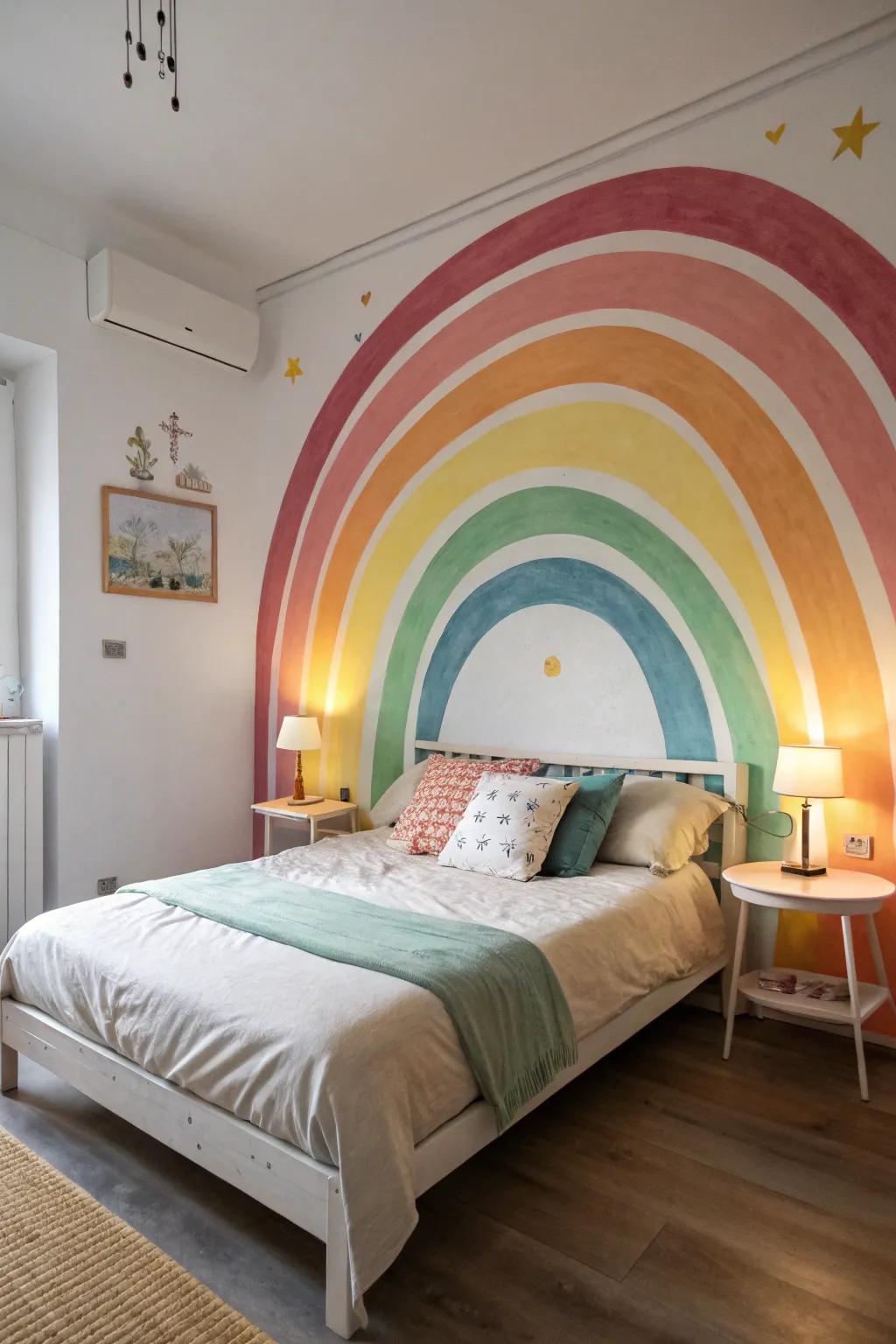 A rainbow behind the headboard creates a stunning focal point in a bedroom.