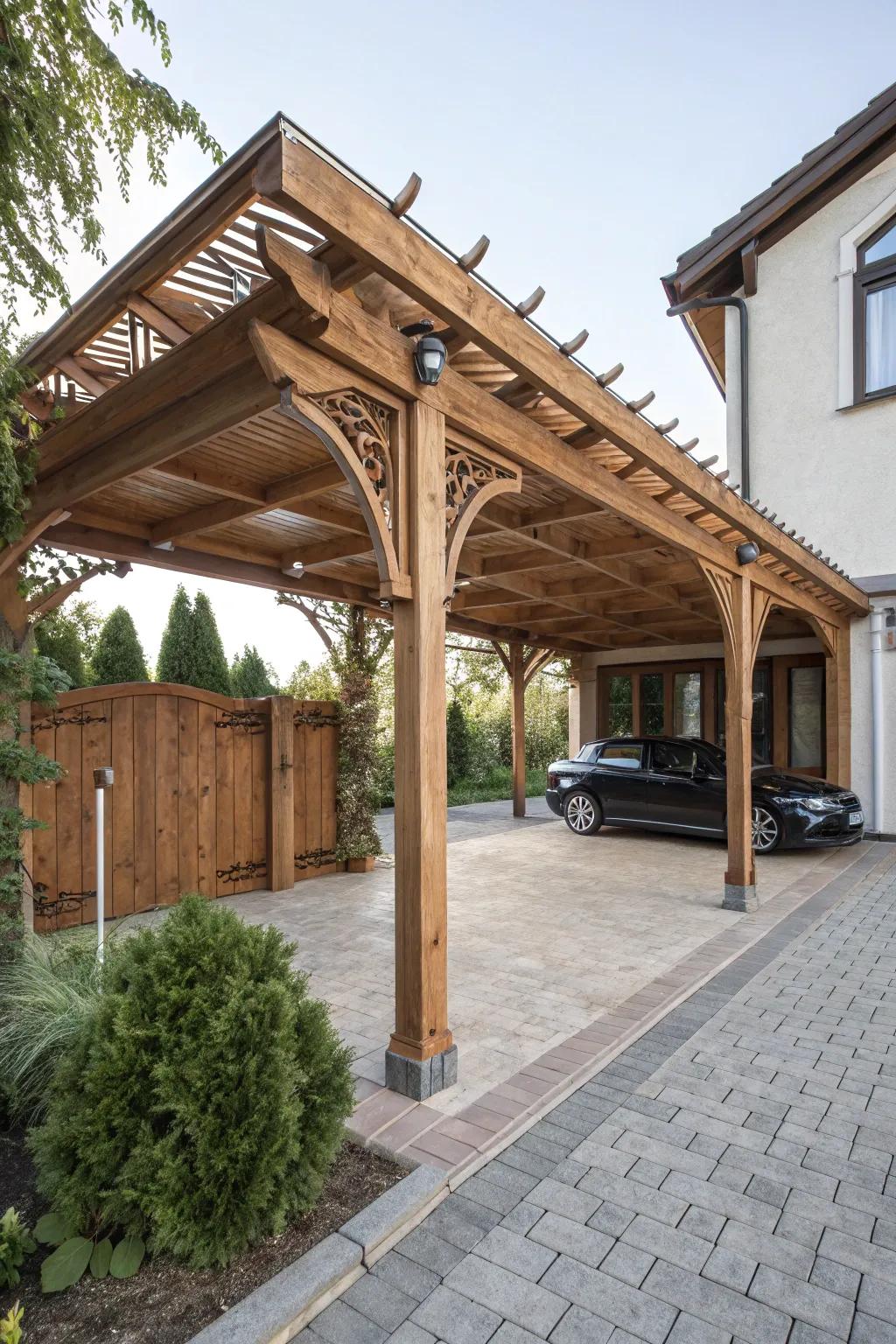 Romantic charm with a pergola-style wood carport.