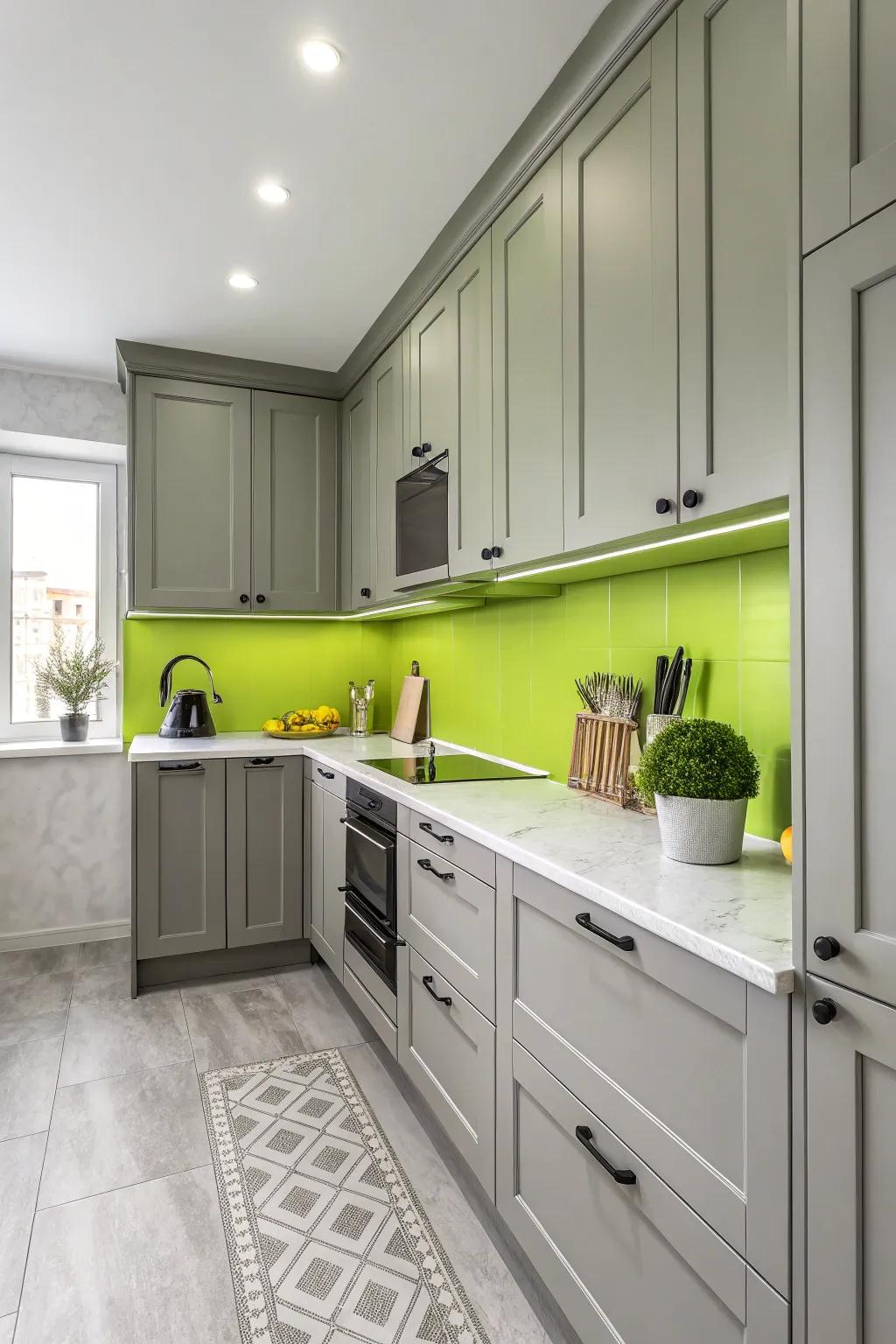 Add unexpected flair with bold color pairings alongside grey cabinets.