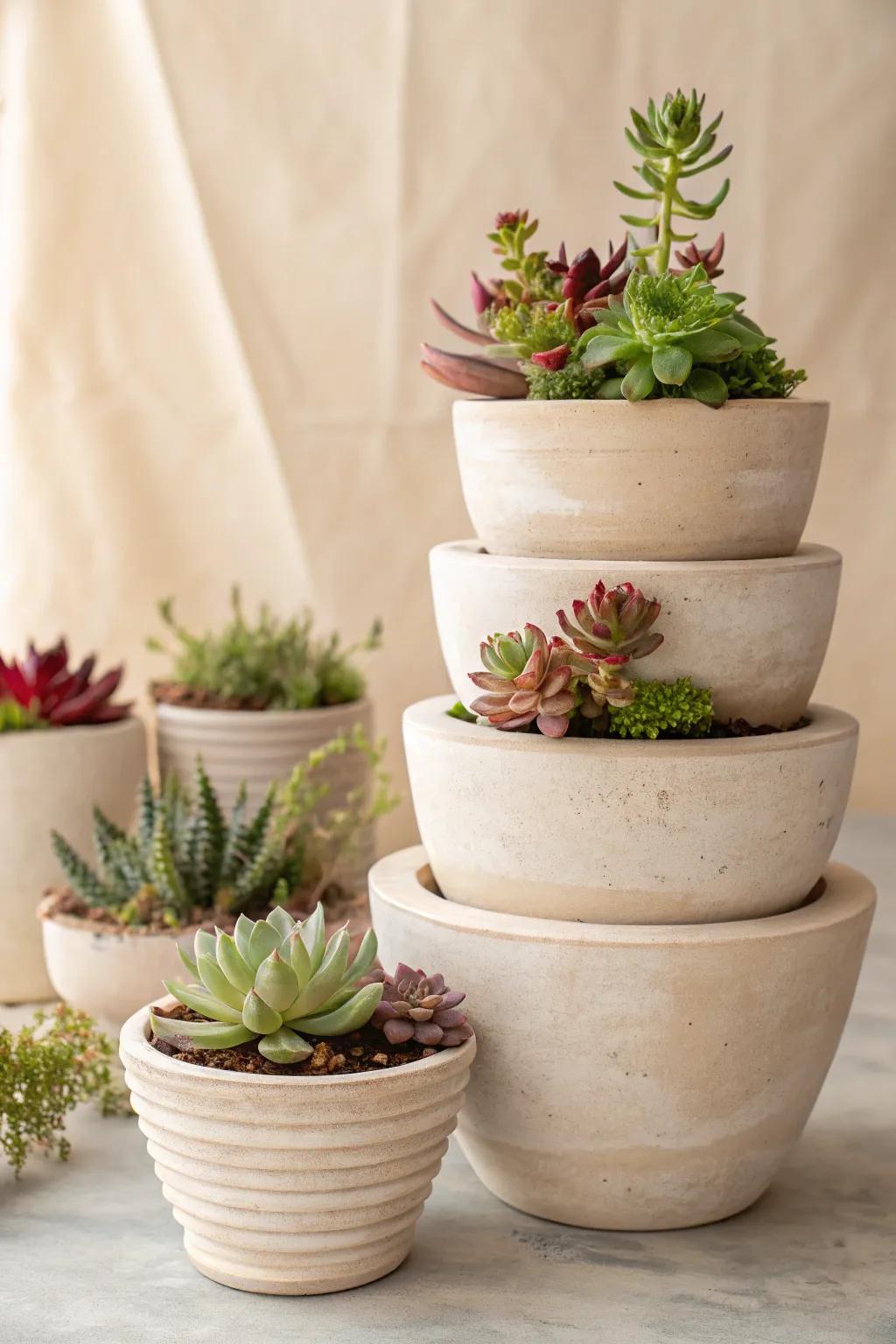 Elevate your succulent display with elegantly stacked clay pots for a touch of minimalist charm.
