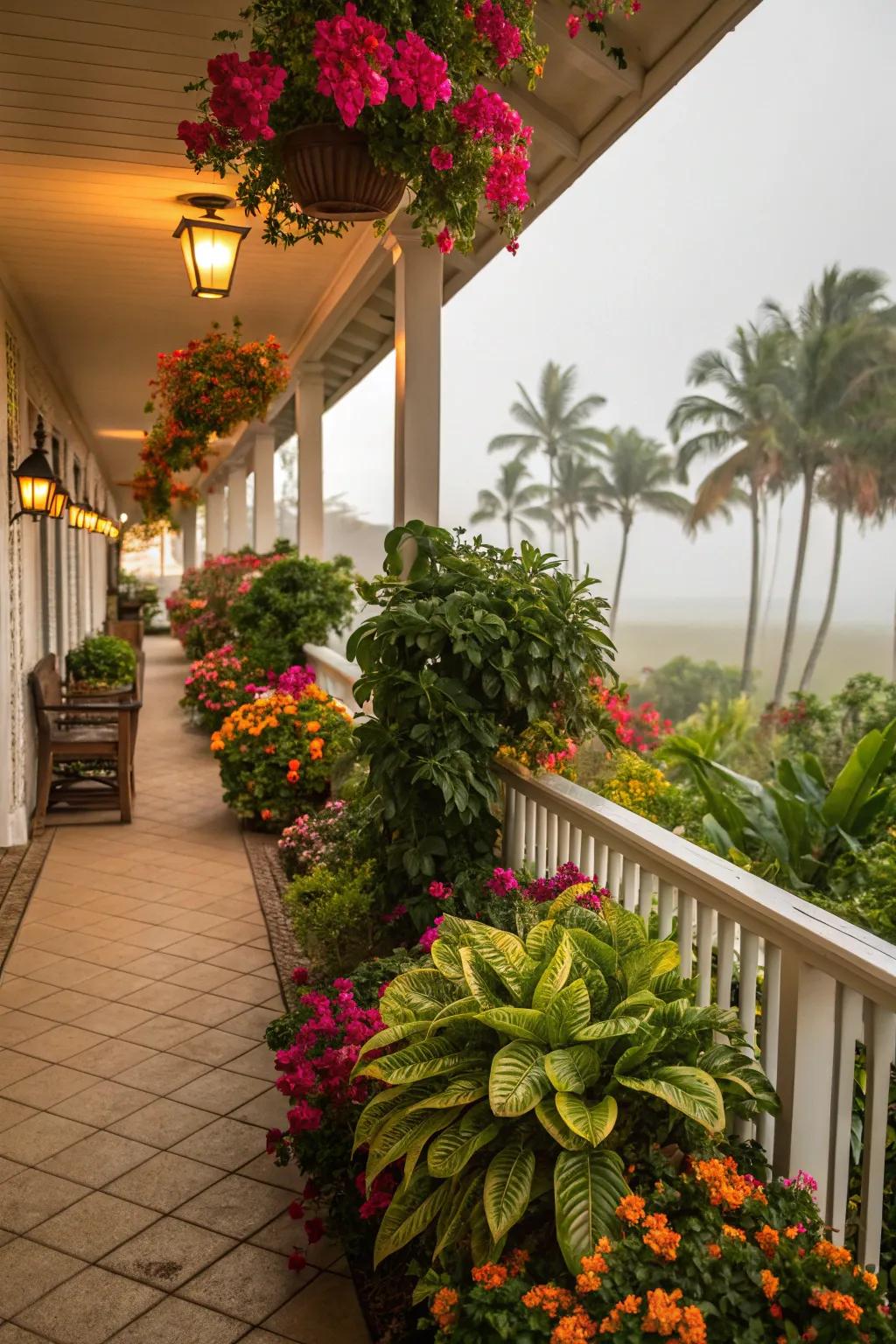 A lanai bursting with tropical greenery, creating a lush, inviting atmosphere.