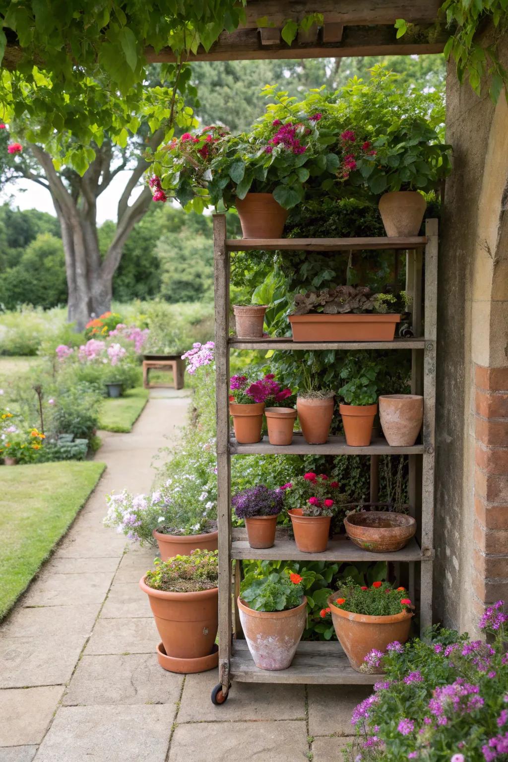 An outdoor shelf displays terracotta pots, enhancing the earthy tones of a garden collection.