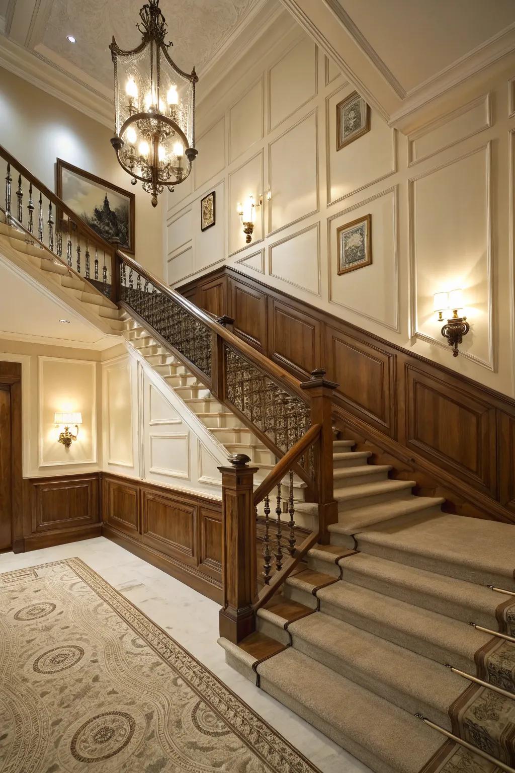 Raised panel wainscoting adds grandeur to your stairwell.