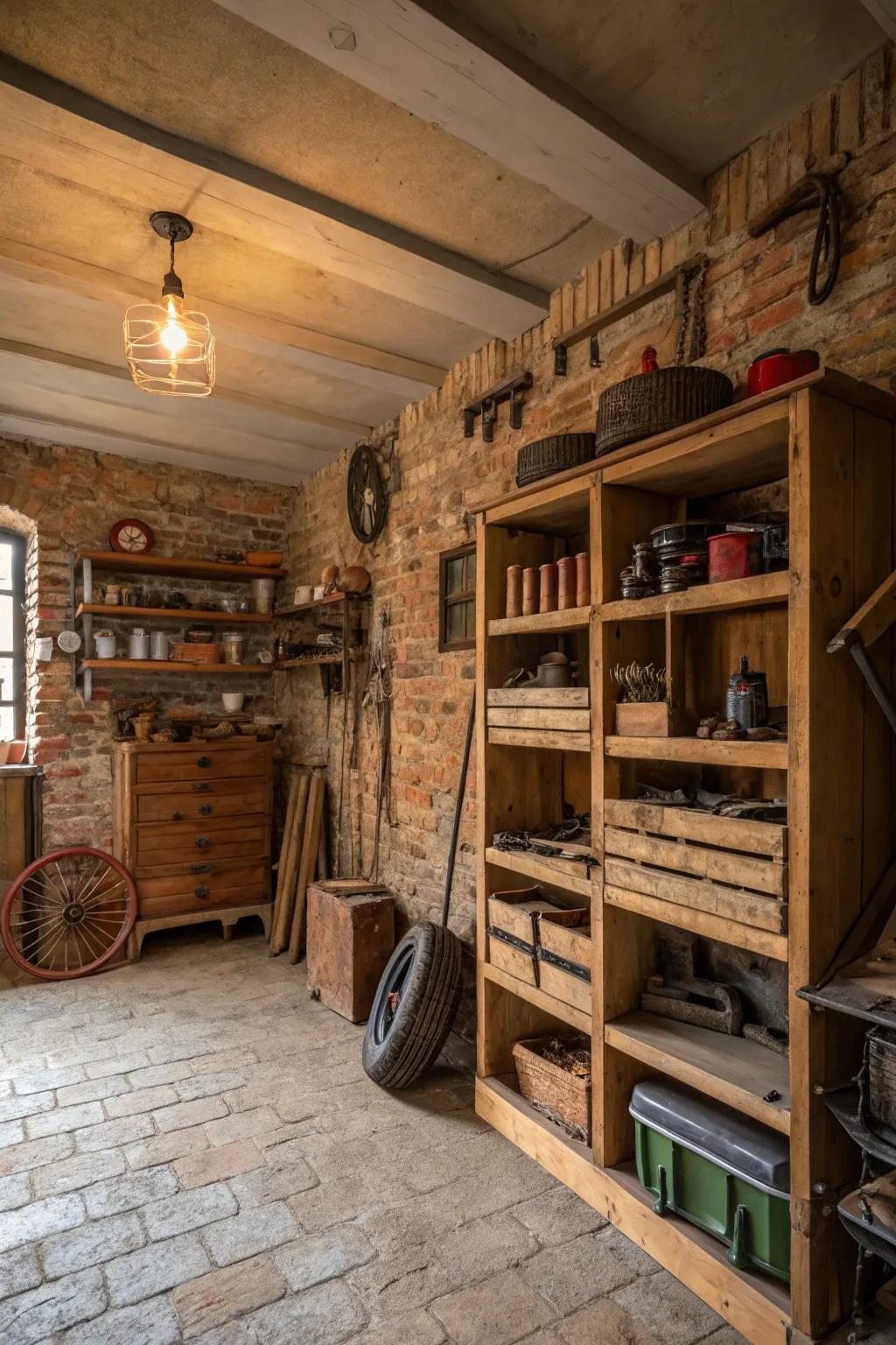 A rustic garage styled with an earthy color scheme.