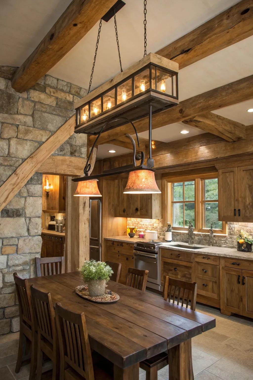 Reclaimed wood beam lighting adds character and sustainability.
