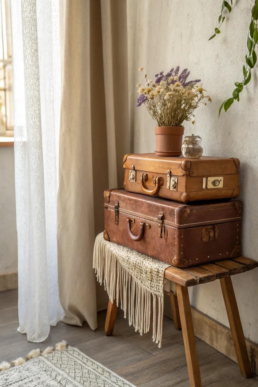 Transform your wedding decor with vintage charm: stack old suitcases for a unique, travel-inspired gift table.