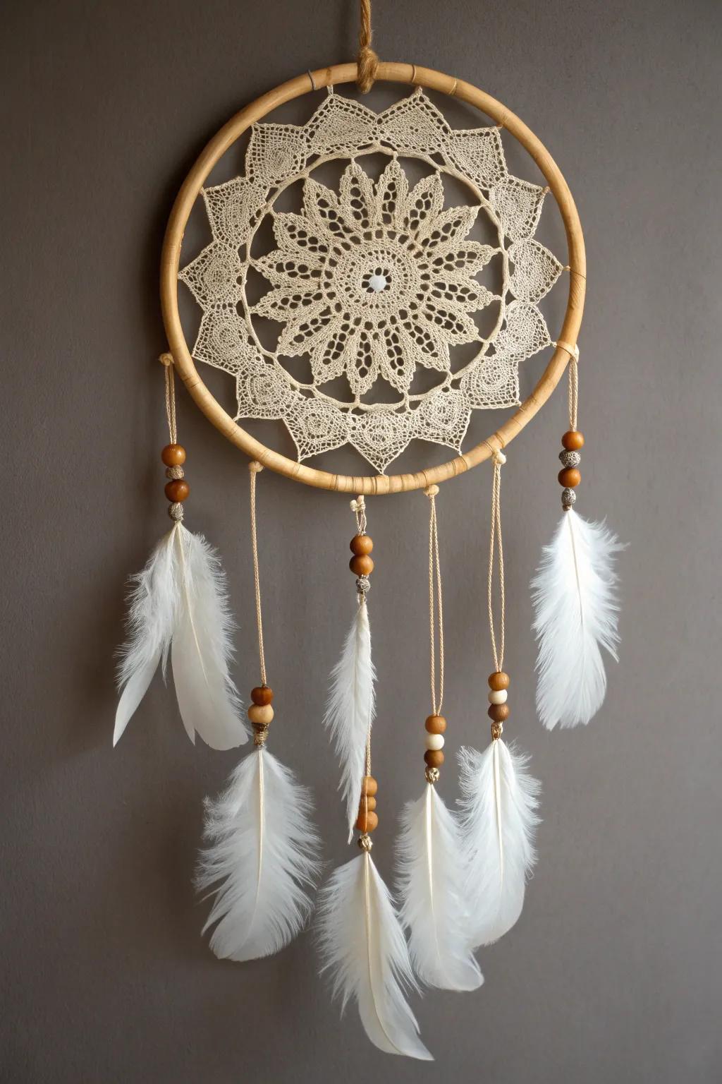 Embrace boho elegance with this enchanting doily dream catcherâwhere simplicity meets vintage charm.