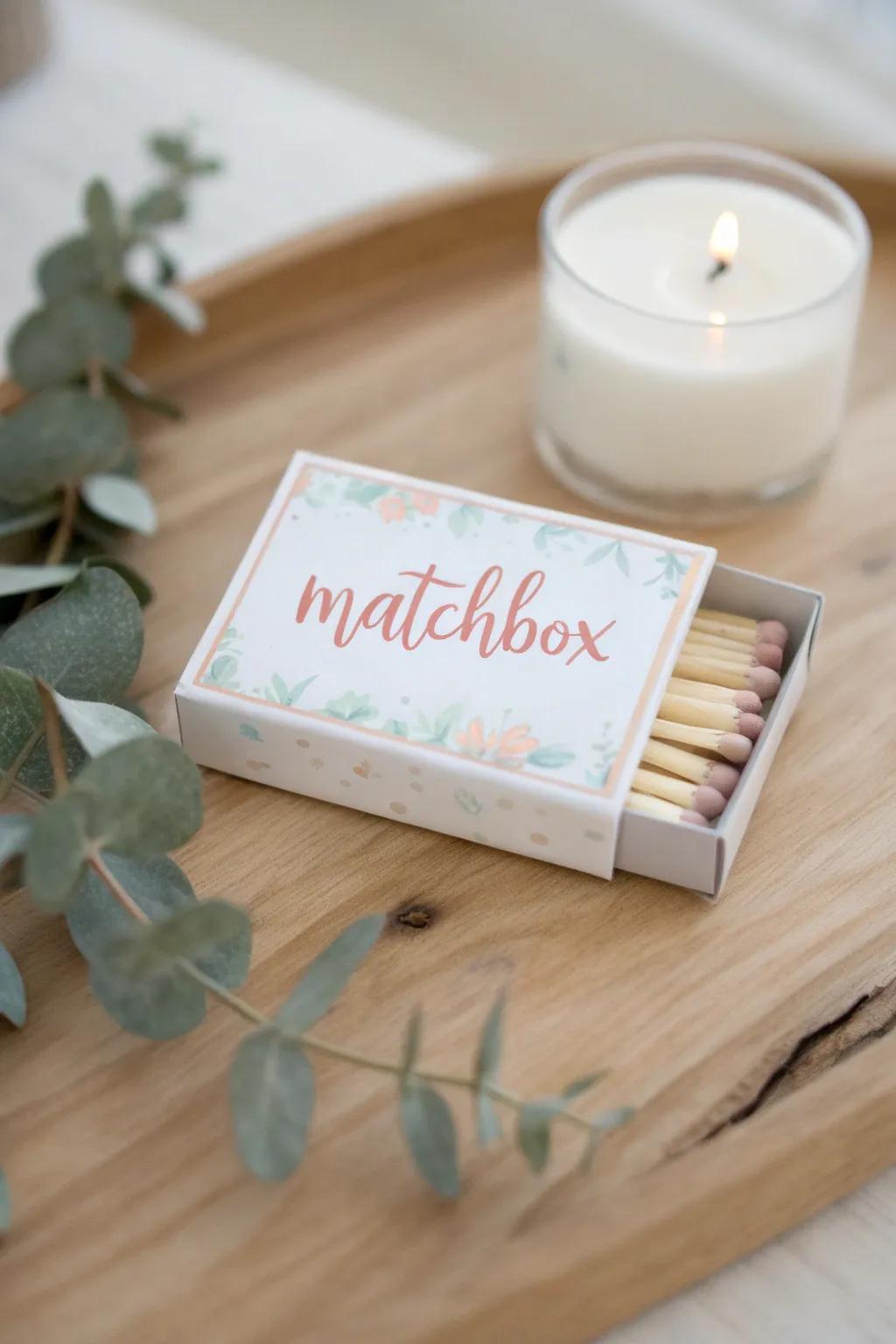 Charming DIY baby shower favor: Personalized matches paired with a cozy candle for a touch of warmth and elegance.