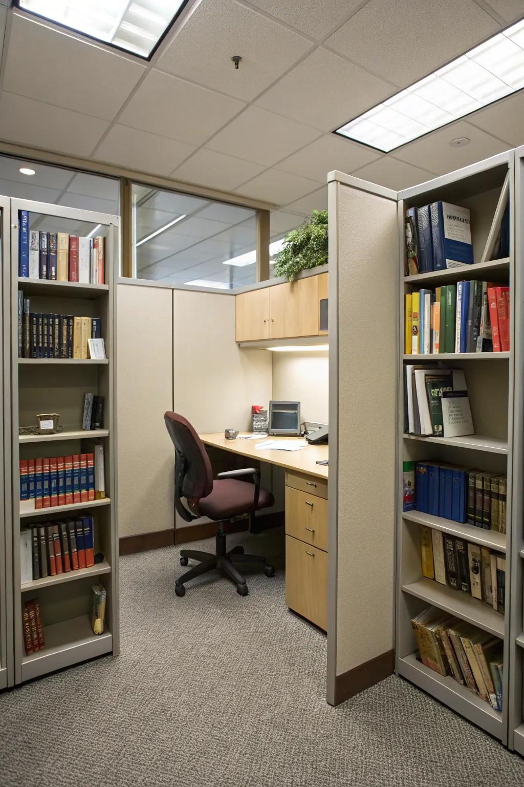 Bookshelves provide both storage and privacy in the office.