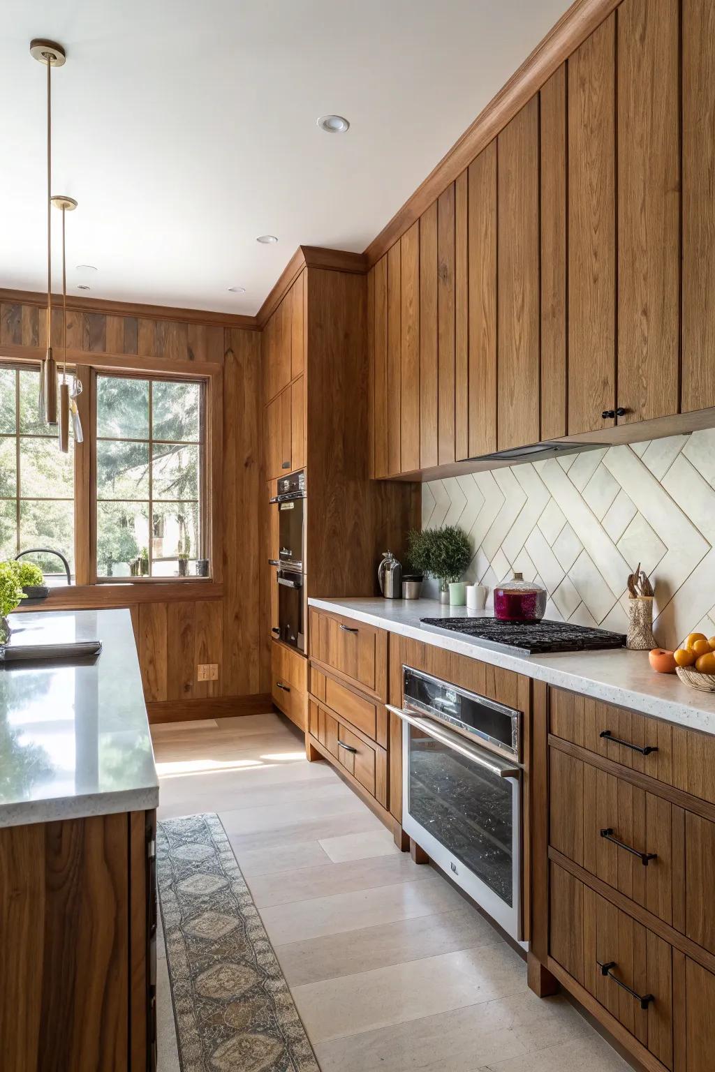 Elegant kitchen with warm wood paneling accent wall.