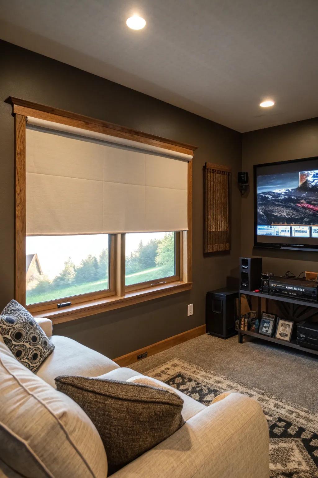 Blackout rollers providing complete light control for a cozy setting.