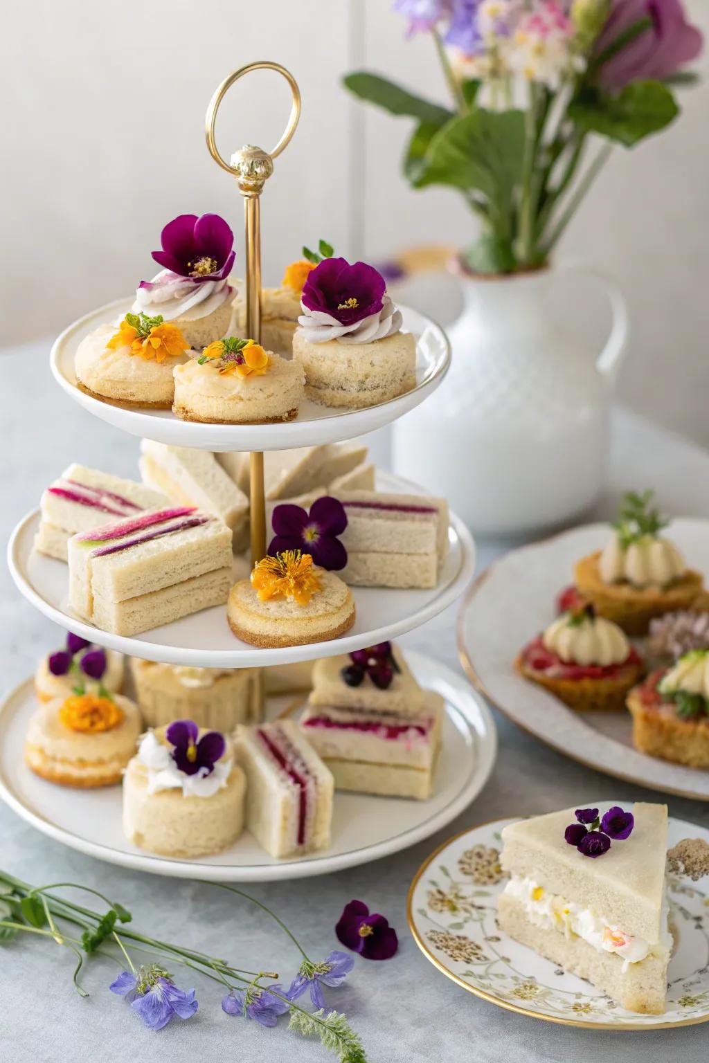 Elevate your tea party with artful food presentation and a touch of floral elegance.