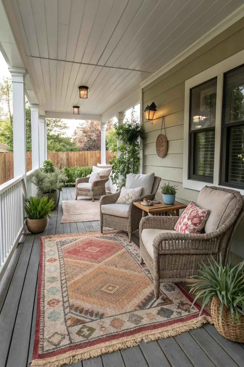 Layered rugs adding texture and warmth to a large front porch.